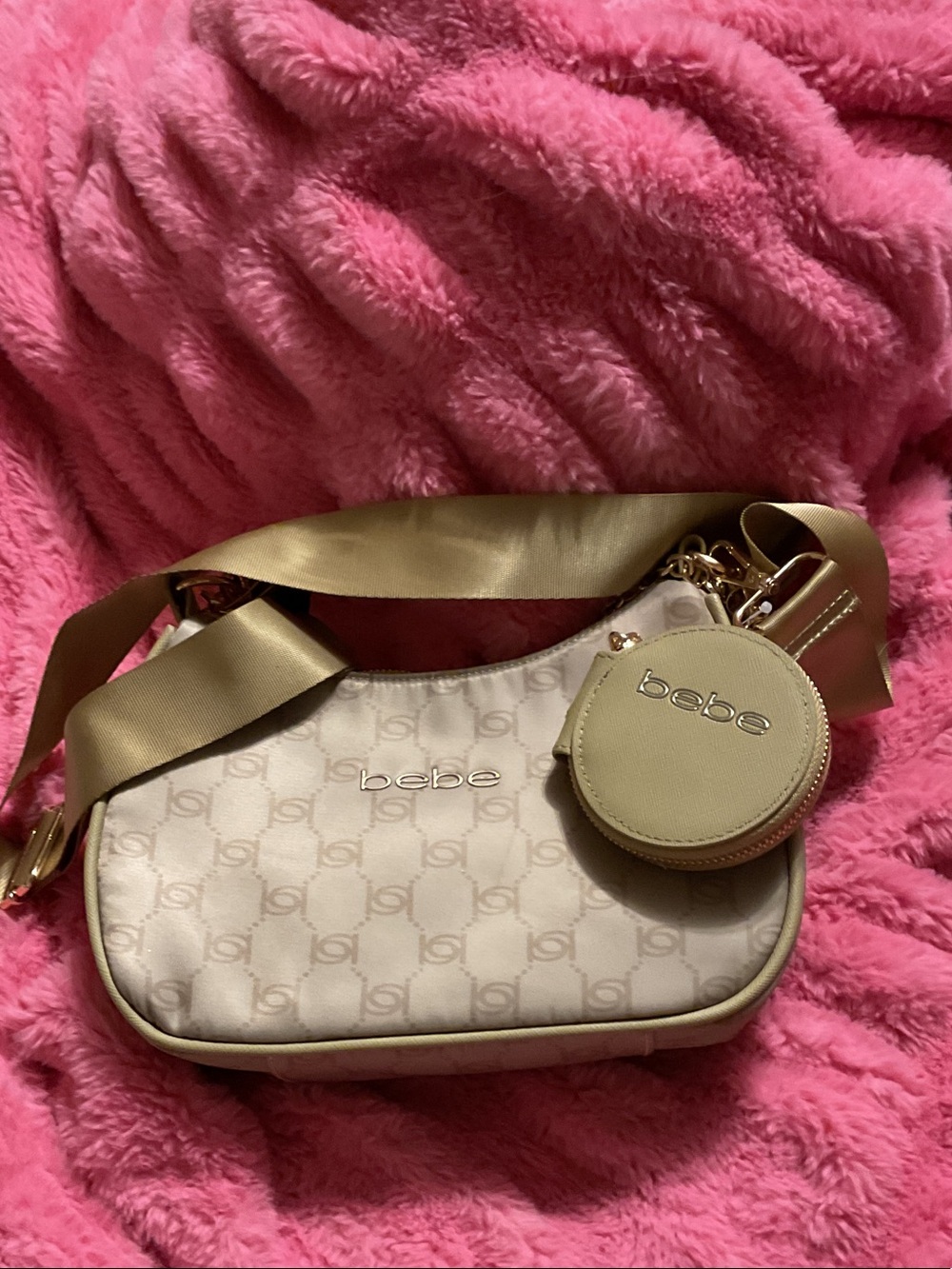 bebe Cream Logo Crossbody with Olive Strap and Coin Pouch